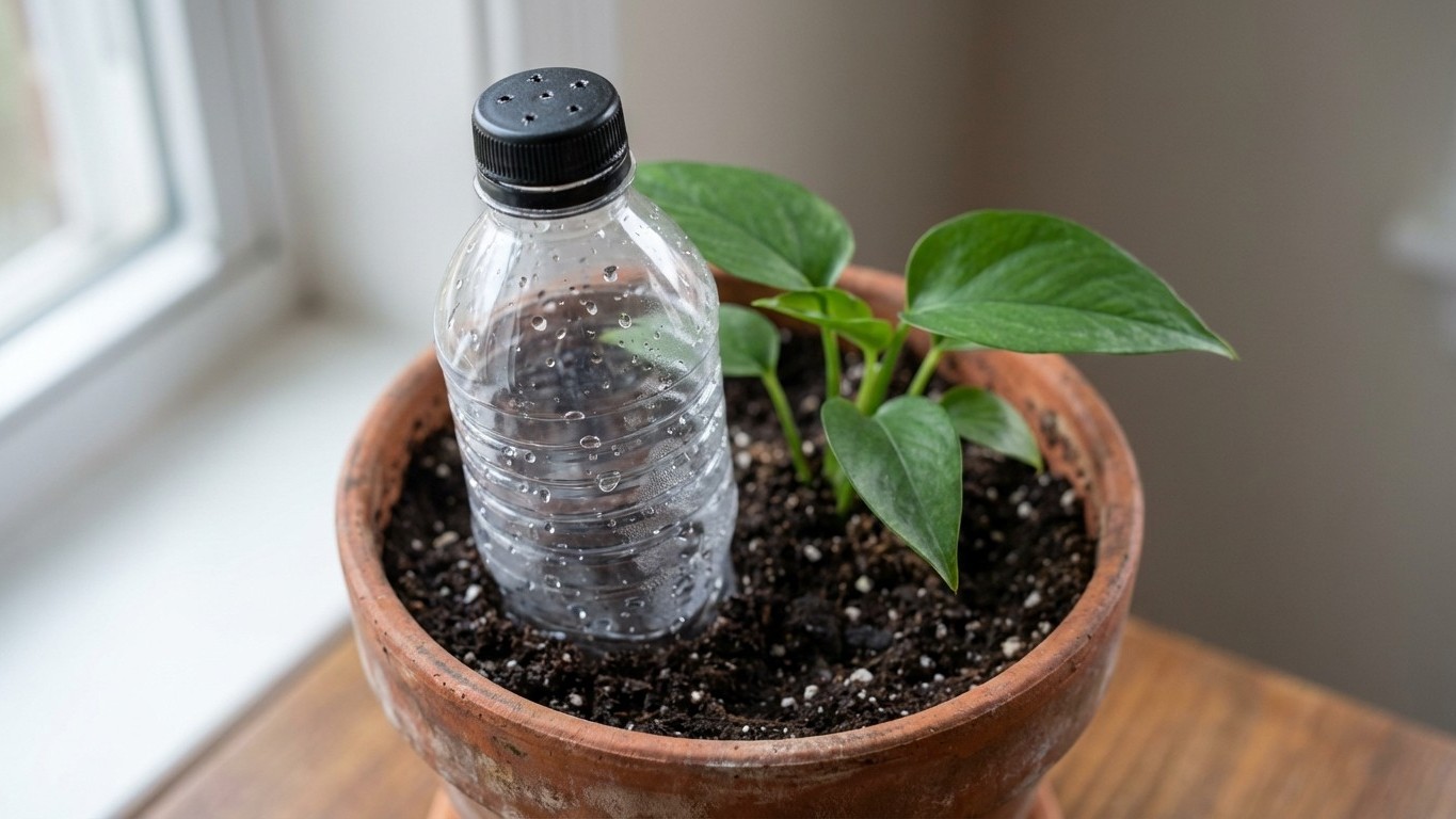El truco de la botella que mantiene tus plantas perfectas 15 días sin riego: física pura y cero tecnología