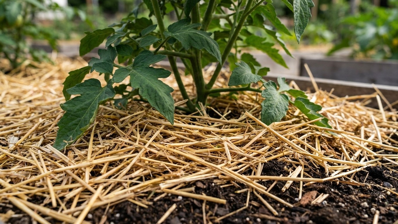 Extendí paja de trigo seca sobre el suelo de mis tomateras solo para regar menos: desde entonces, las hojas de abajo no ha...
